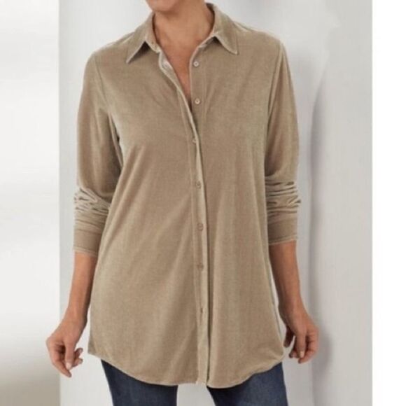 Soft Surroundings Velvet Boyfriend Tunic button up oversized Shirt tan- XS - Picture 1 of 8